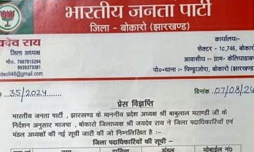 Bokaro: भाजपा ने जिले में नए पदाधिकारियों की सूची जारी की, विधानसभा चुनाव की तैयारी तेज